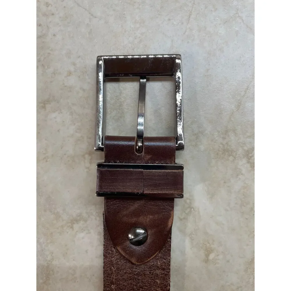 Diesel Belt M Brown Leather Silver Buckle Logo Embossed Casual Everyday